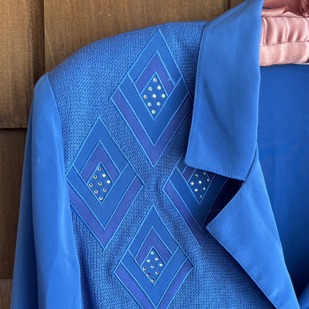 Vintage Blue Button-Up Sweater Jacket with Geometric Embroidery and Skirt - Picture 4 of 11